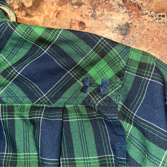 Under Armour Loose Cold Gear Button Green Blue Plaid Flannel Shirt Patched Elbow - Picture 4 of 6